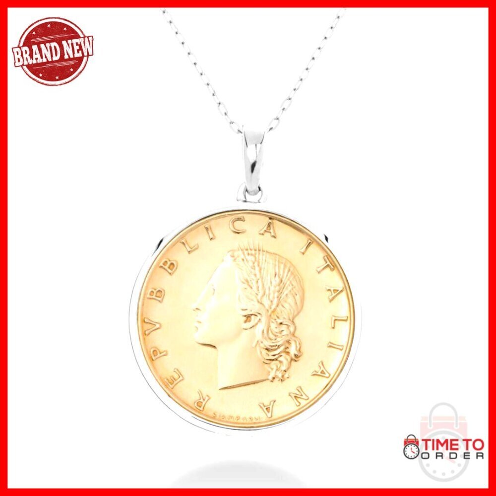 925 Sterling Silver 20-Lira Coin Pendant Necklace 18 Inch Italy